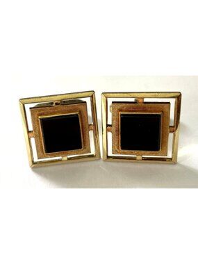Vintage Mid Century Shields Fifth Avenue CHAP Gold Black Onyx Geometric Cufflink